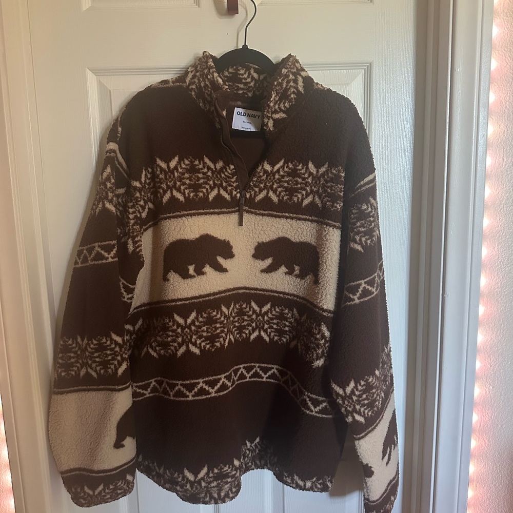 Old Navy Men's Brown and Cream Bear Pattern Zip-Up Sweater